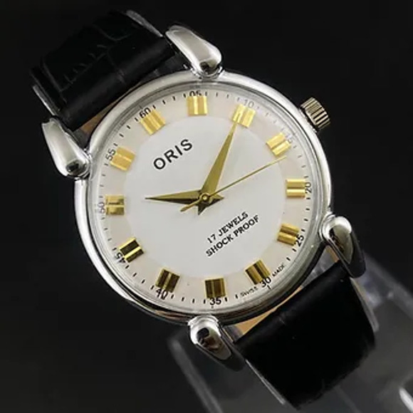 Vintage 1973 Oris Manual Mens Silver Watch W/Leather Strap & Gold accents - Picture 4 of 6